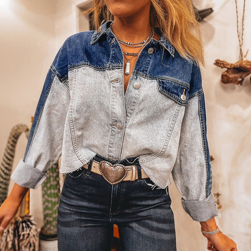 Veste denim bicolore pour femme Casual trendy shop