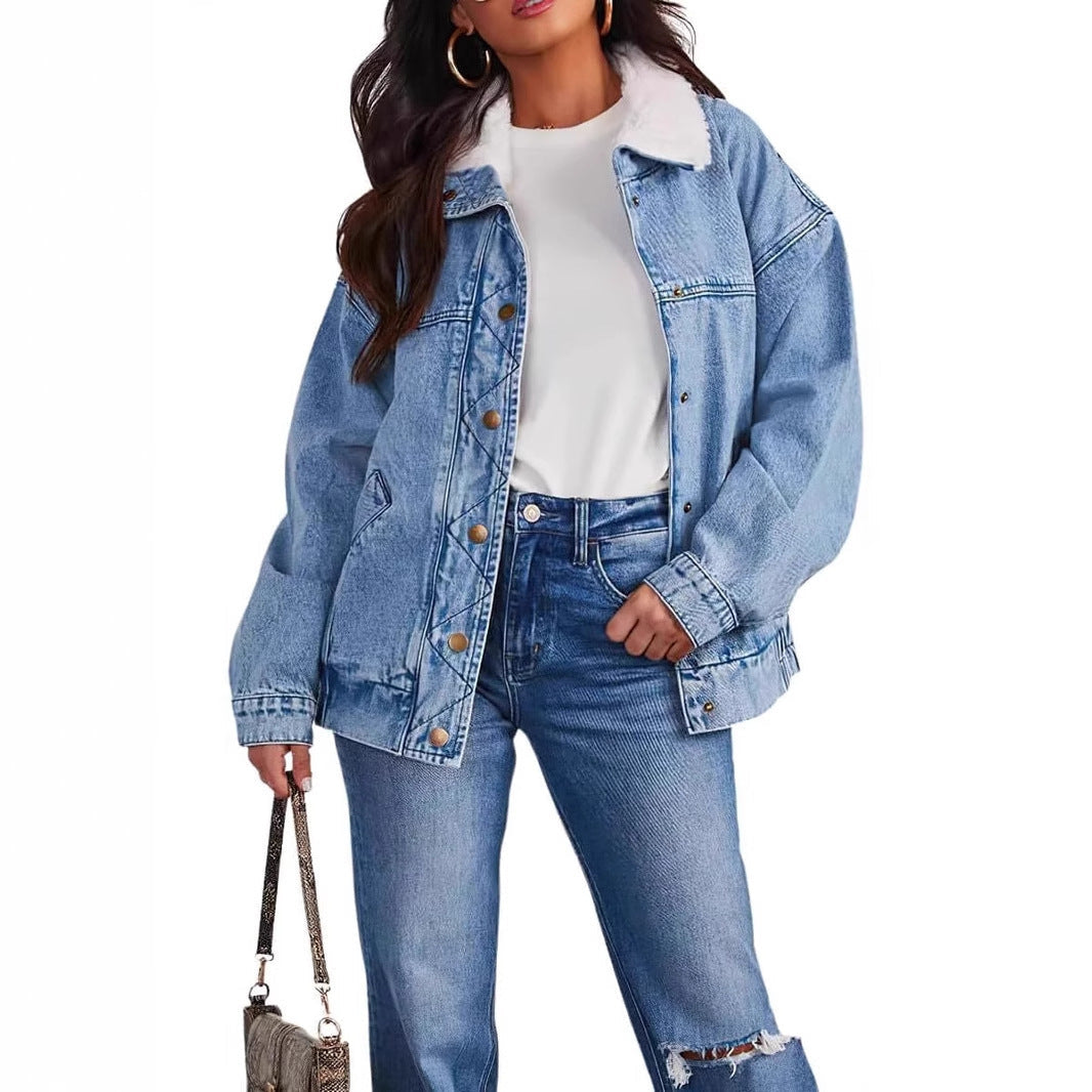 Veste femme jeans col en fourrure Casual trendy shop