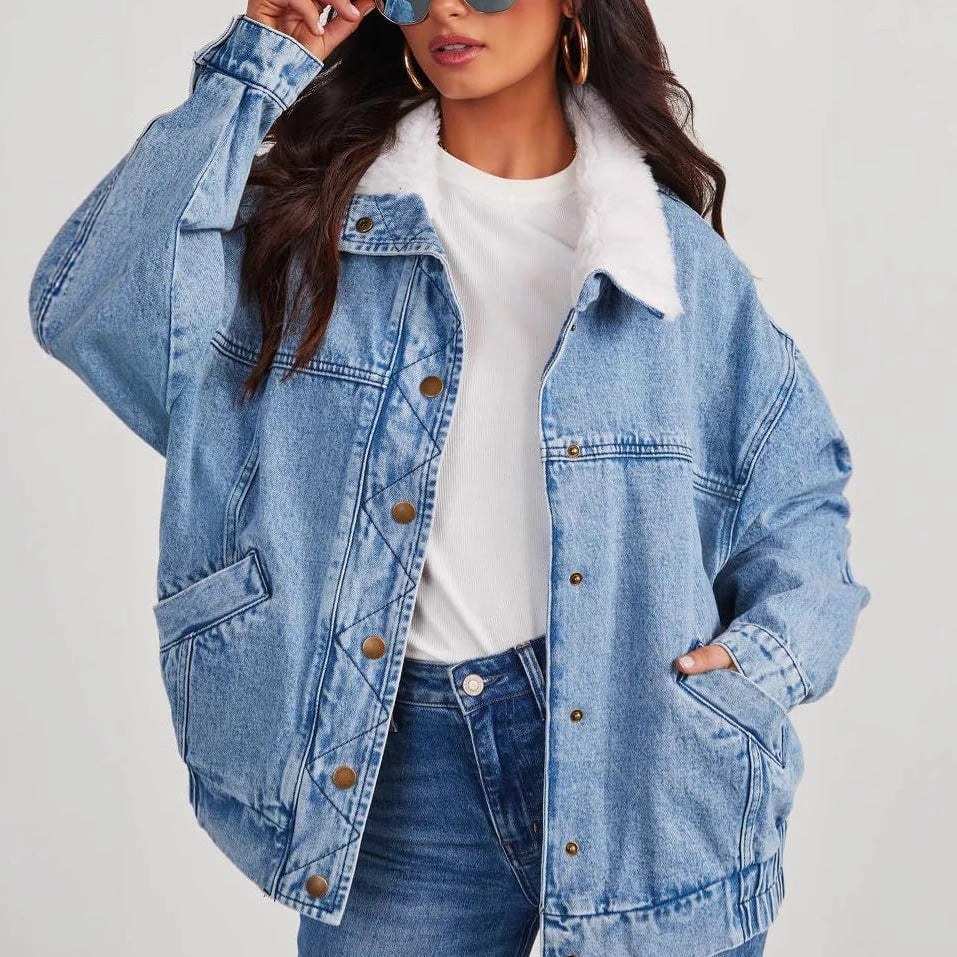 Veste femme jeans col en fourrure Casual trendy shop