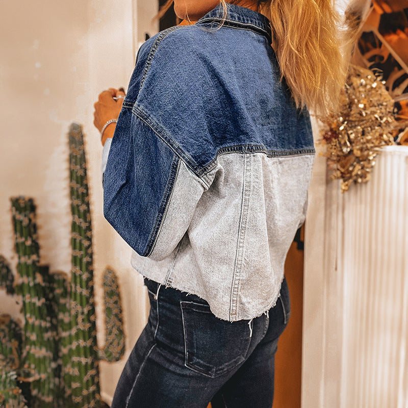 Veste denim bicolore pour femme Casual trendy shop