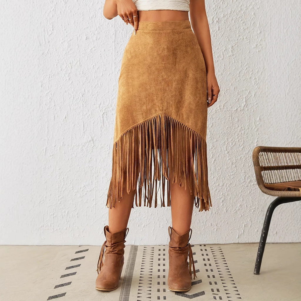 Women's Tassel Edge Asymmetrical Hem Solid Color Skirt Casual trendy shop