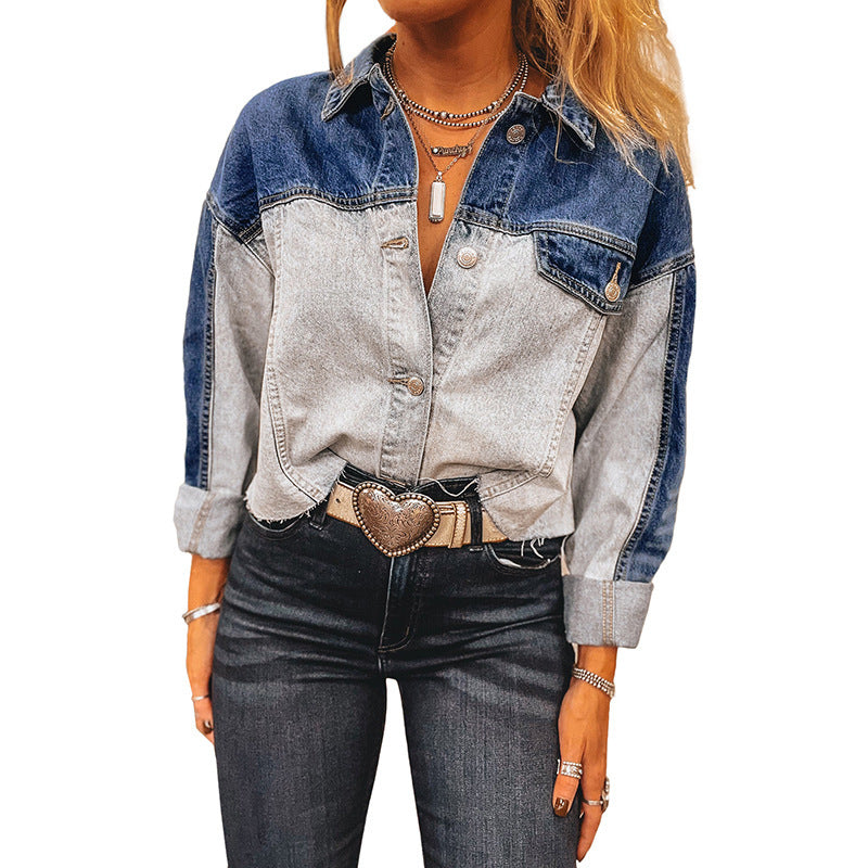 Veste denim bicolore pour femme Casual trendy shop