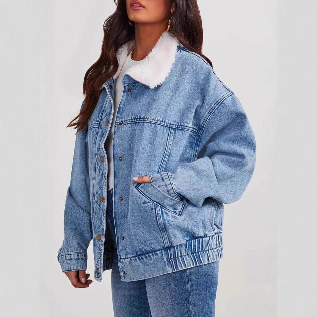 Veste femme jeans col en fourrure